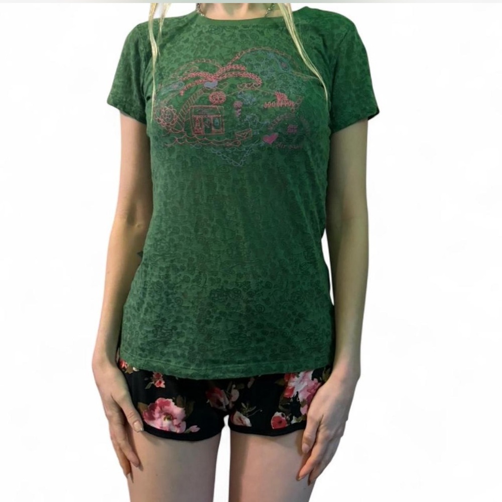 Y2K vintage tropical green single stitch tee shirt basic graphic baby tee XS